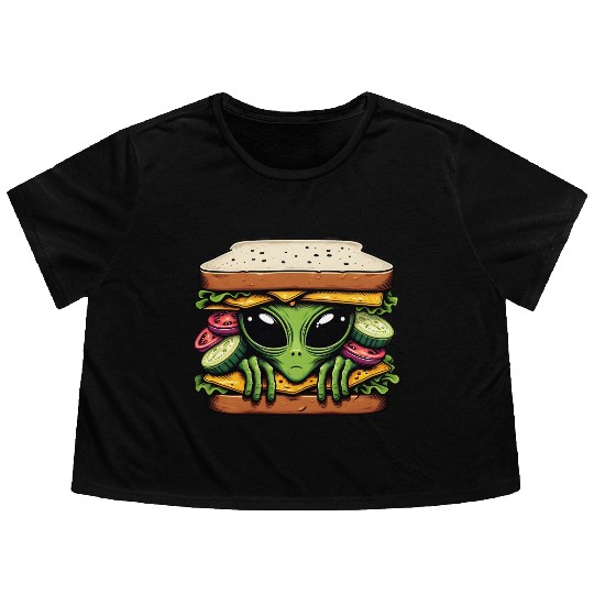 Alien Hiding in a Sandwich Flowy Cropped Tees