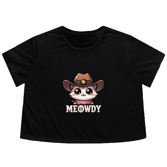 Cute Meowdy Cat Cowboy Pun Flowy Cropped Tees