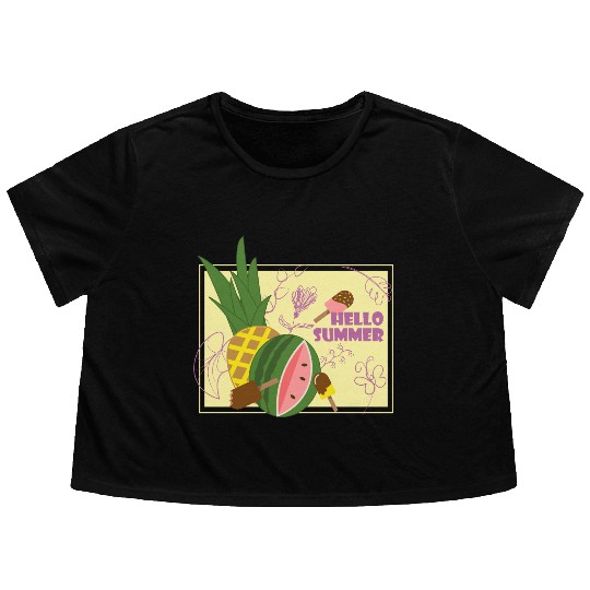Hello summer fruit ice cream flowers & butterfly Flowy Cropped Tees