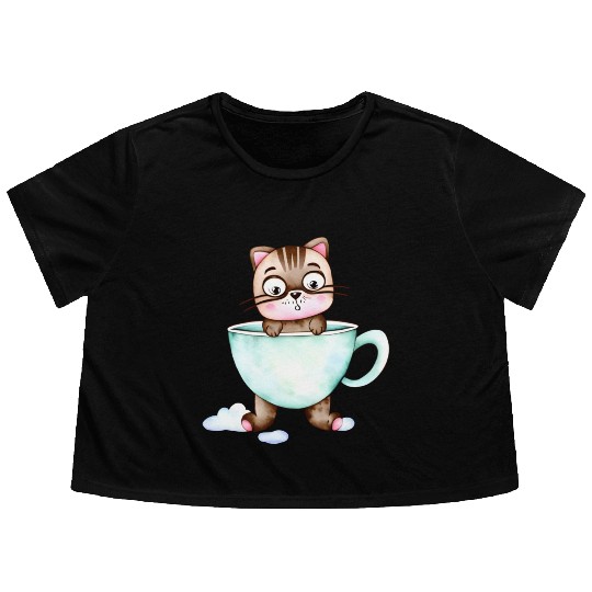 Surprised Silly Cat Wearing Coffee Cup Flowy Cropped Tees