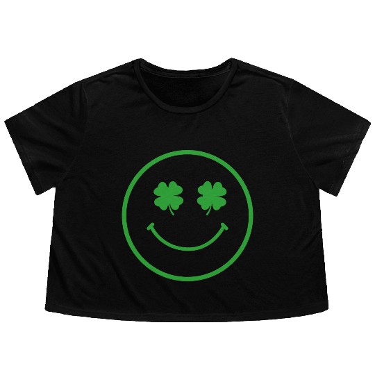 Green shamrock happy face Flowy Cropped Tees