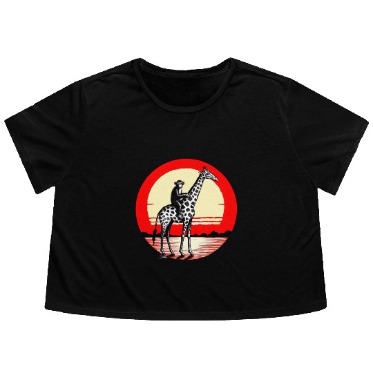 Sunset Safari: Monkey Riding Giraffe Flowy Cropped Tees