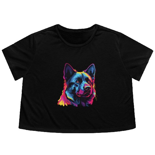 Watercolor Colorful Norwegian Elkhound Flowy Cropped Tees