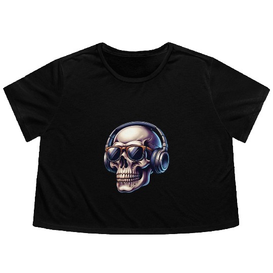 skull wearing headphone Flowy Cropped Tees