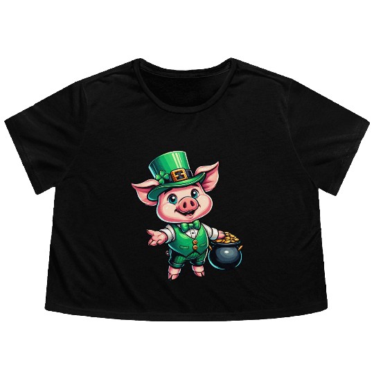 Cute St. Patrick's Piglet Flowy Cropped Tees