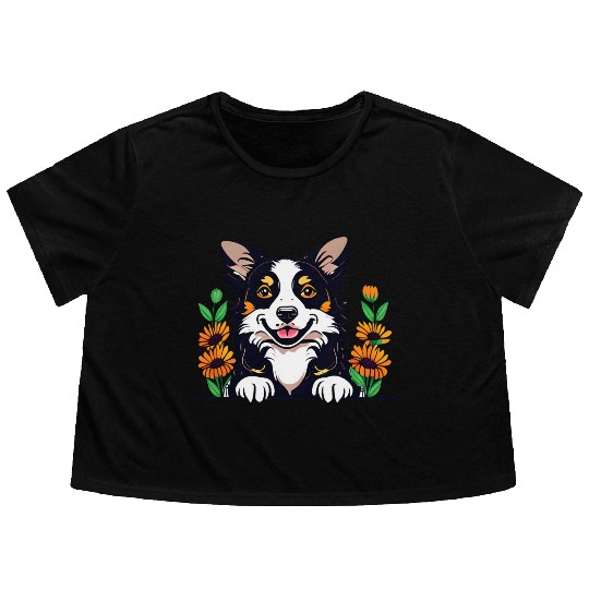 Happy Border Collie Dog With Flowers Flowy Cropped Tees