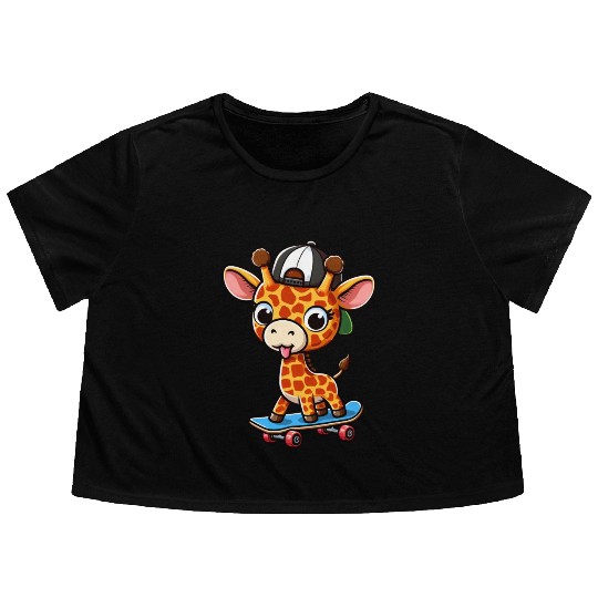 Cheeky Skater Giraffe on Skateboard Flowy Cropped Tees