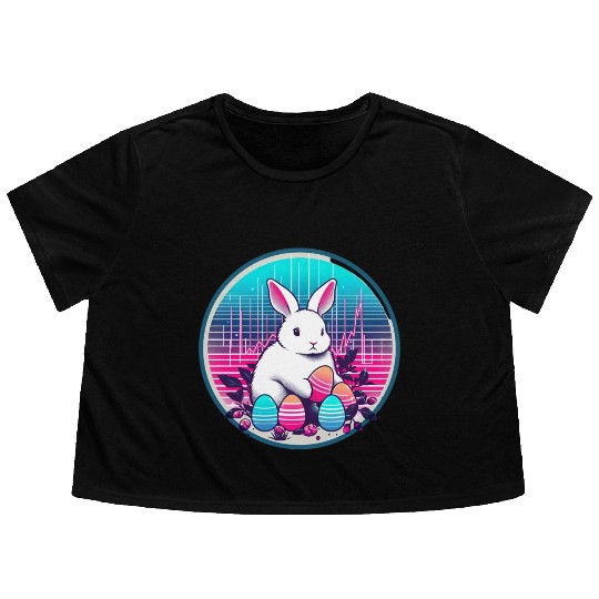 White Easter Bunny with Eggs Flowy Cropped Tees