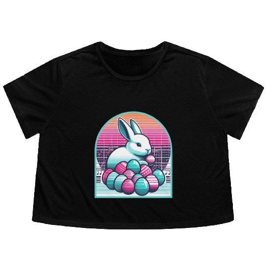Synthwave Easter Bunny with Eggs Flowy Cropped Tees