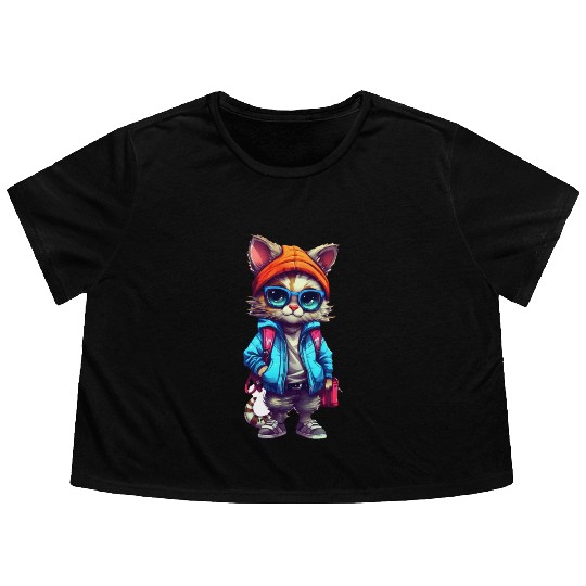 Cute Cat Cartoon Flowy Cropped Tees