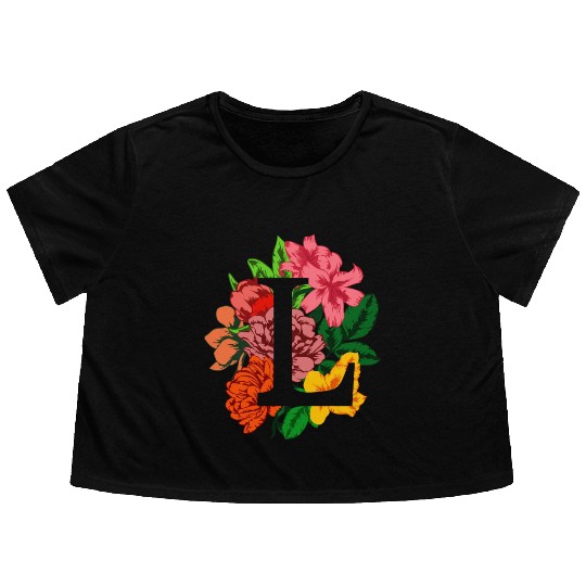 Capital letter L monogram with peony, lily flowers Flowy Cropped Tees