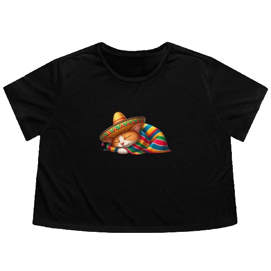 Cinco de Mayo cat in snooze mode Flowy Cropped Tees