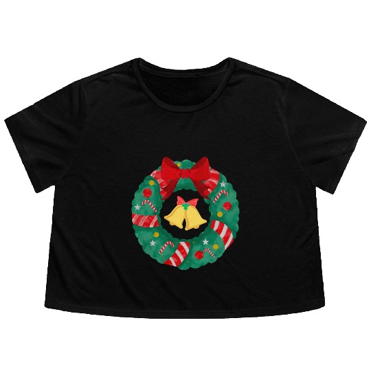 Christmas Wreath with Bells Flowy Cropped Tees