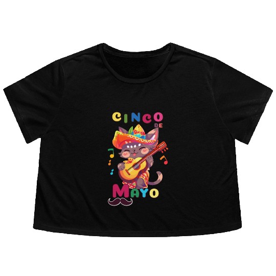 Cinco de Mayo cat with Guitar Flowy Cropped Tees