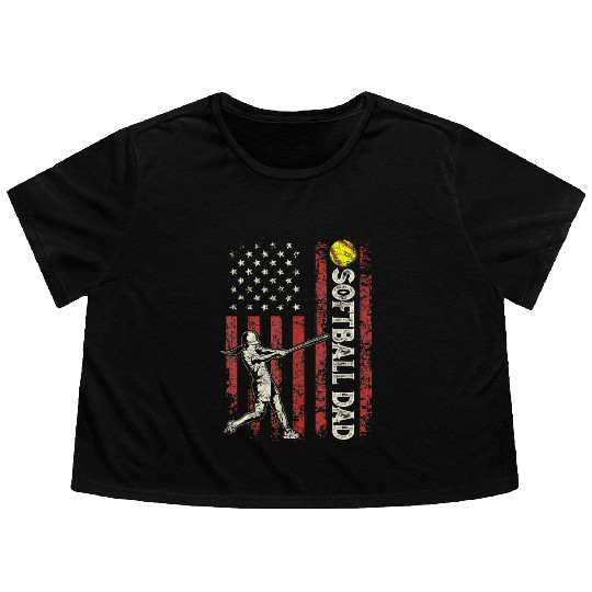 Softball Dad US Flag Gifts For Dad Men Patriotic Flowy Cropped Tees