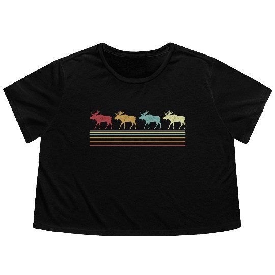 Retro Moose Lover Funny Moose Vintage Flowy Cropped Tees