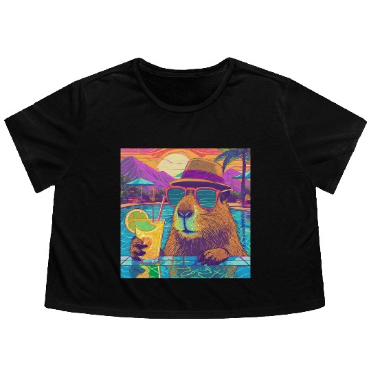 Capybara on vacation sipping on Lemonade Flowy Cropped Tees