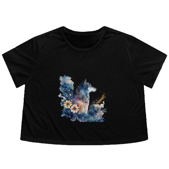 Wolf Print, Cosmic Wolves, Animal Print, Cosmos Flowy Cropped Tees