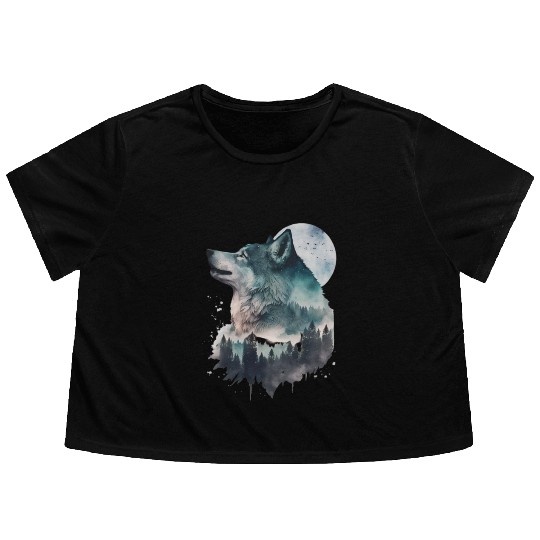 Wolf Print, Cosmic Wolves, Animal Print, Cosmos Flowy Cropped Tees