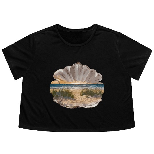 Seashell Beach Scene Serene Ocean Landscape Flowy Cropped Tees