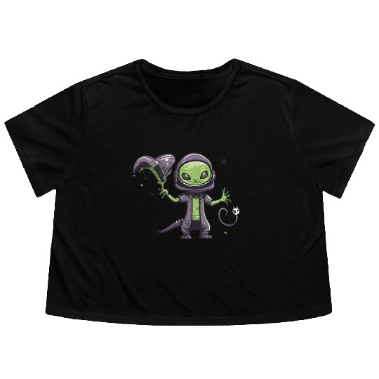 Alien Cat Flowy Cropped Tees