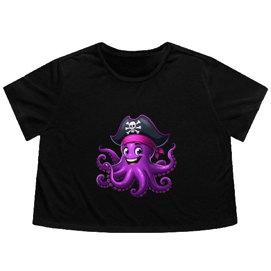 Funny pirate octopus Flowy Cropped Tees