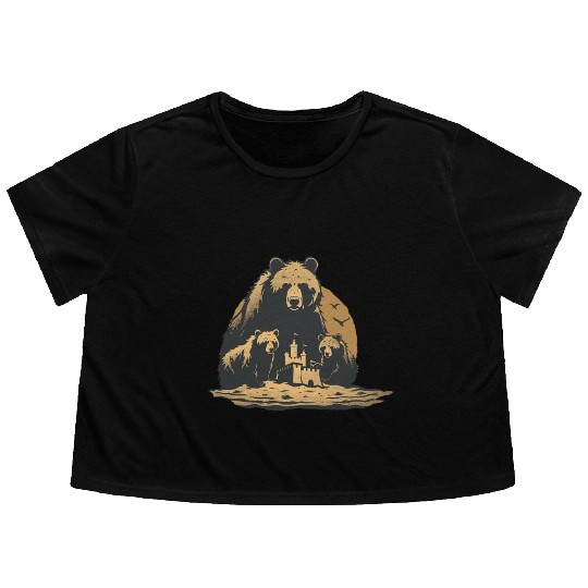 Momma Bear and Two Bear Cubs Building a Sand Castl Flowy Cropped Tees