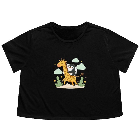 Penguin rides giraffe Flowy Cropped Tees