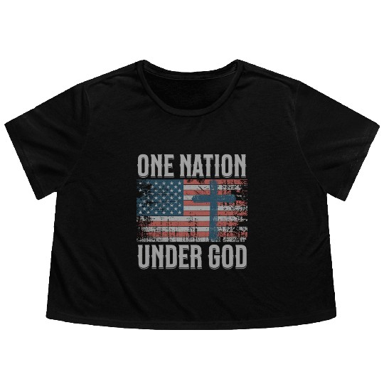 One Nation Under God Retro US Flag Christian Cross Flowy Cropped Tees