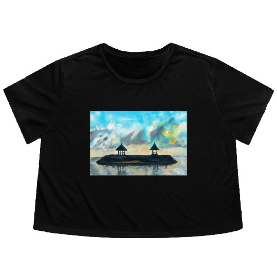 Peaceful sunset on beach scene with acrylic Flowy Cropped Tees
