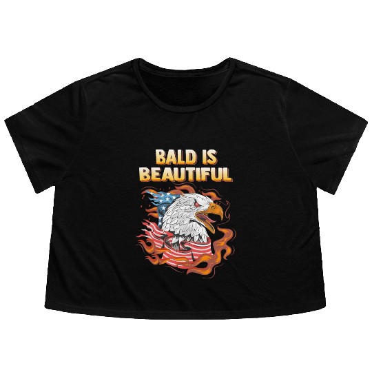 Bald Is Beautiful US Flag Eagle 4th Of July Funny Flowy Cropped Tees