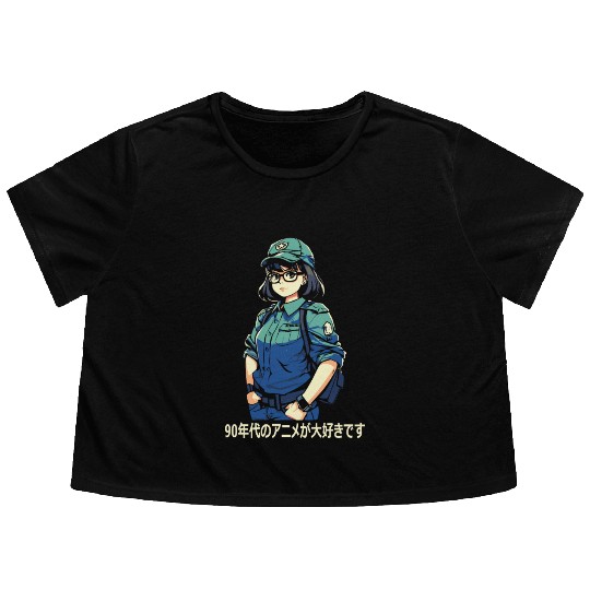 I Love 90s Anime: Japanese Kanji Art Flowy Cropped Tees