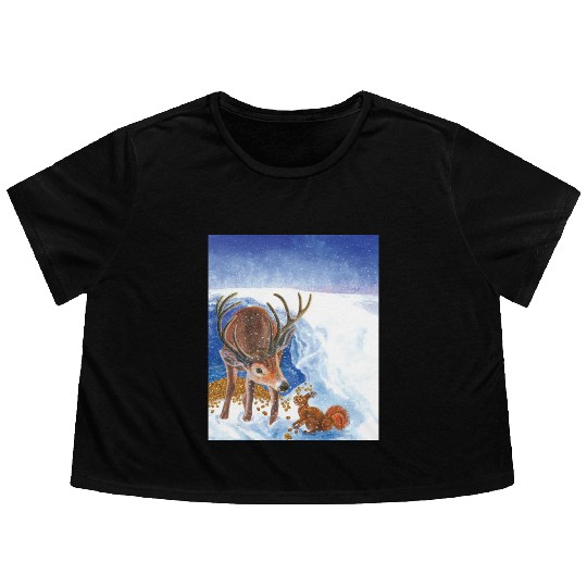 Red Deer and Squirrel in Winter Illustration Flowy Cropped Tees