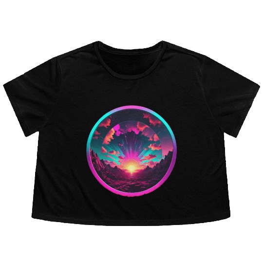 Synthwave Colorful Cosmos Design inside Circle Flowy Cropped Tees