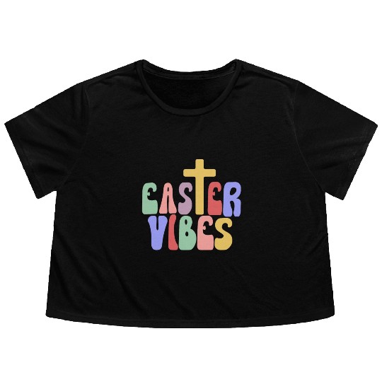 Easter Vibes Cross Happy Easter Celebration Flowy Cropped Tees