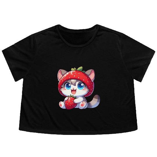 Cute Cat Strawberry Fruit Hat Quirky Flowy Cropped Tees