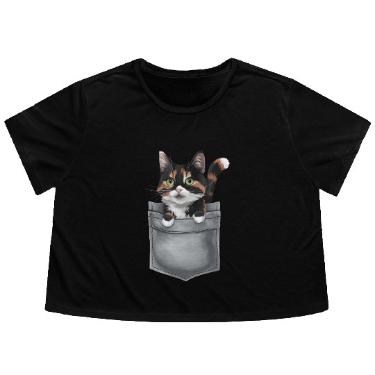 Japanese Bobtail Cat In Pocket Flowy Cropped Tees