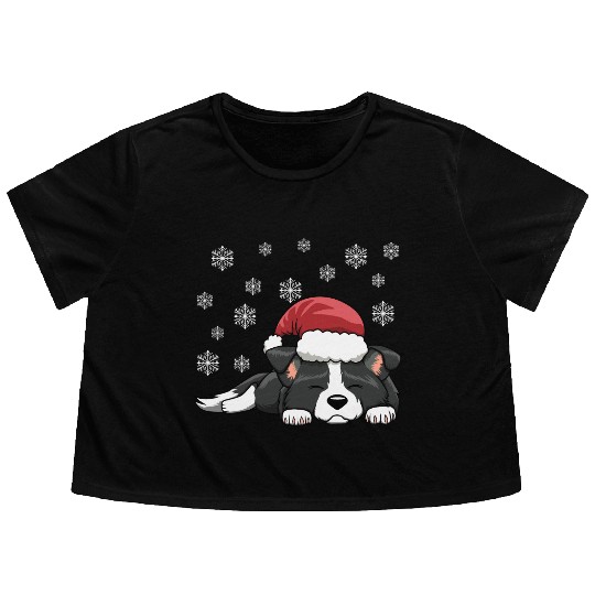 CHRISTMAS SANTA HAT SLEEPING BORDER COLLIE DOG Flowy Cropped Tees