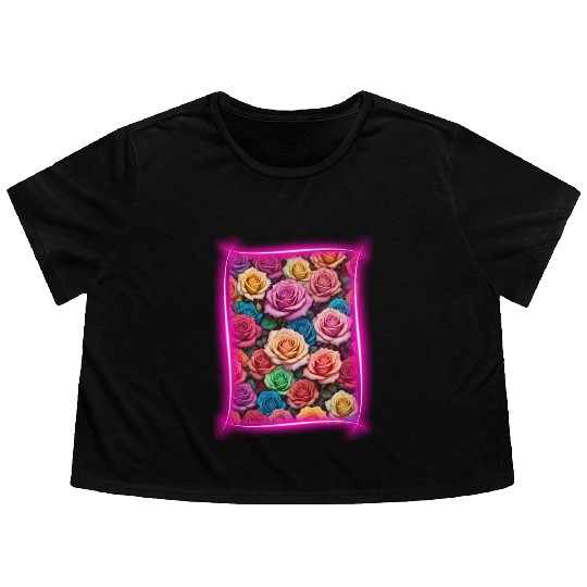 Flower design framed by neon lights Flowy Cropped Tees