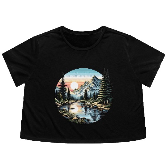 Tranquil Mountain Sunrise: Serene Landscape Art Flowy Cropped Tees