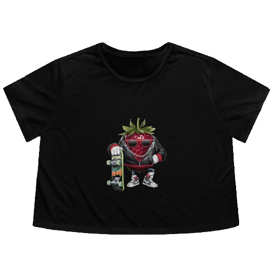 funny skateboarder berry cool lover strawberry Flowy Cropped Tees