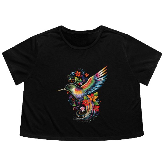Hummingbird Flowers Colorful Hummindgbird Flowy Cropped Tees