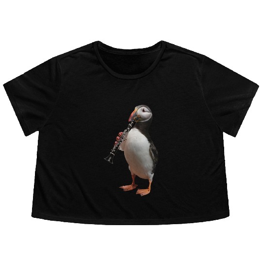 Atlantic Puffin Playing Clarinet Realistic Flowy Cropped Tees