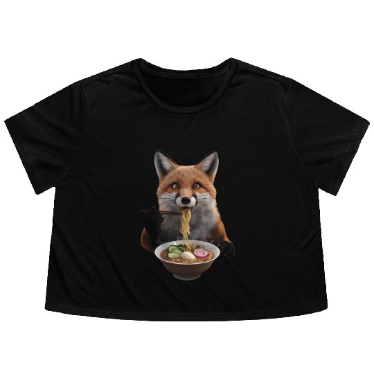 Fox Eating Ramen Realistic Flowy Cropped Tees