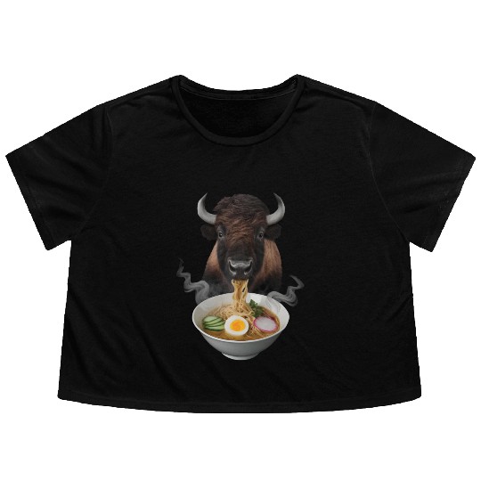 Bison Eating Ramen Realistic Flowy Cropped Tees