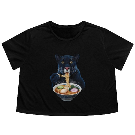 Panther Eating Ramen Realistic Flowy Cropped Tees