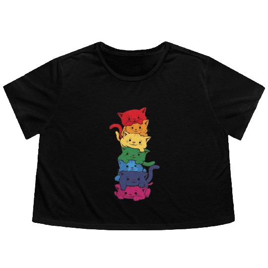 Funny LGBT Cat Stack Rainbow Gay Pride Flowy Cropped Tees