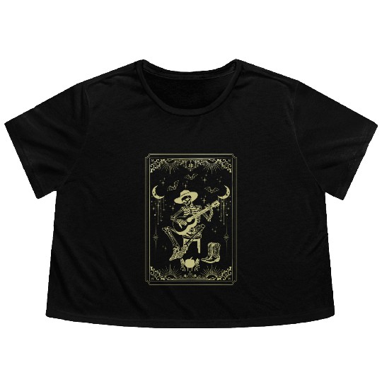 Tarot Card Celestial Cowboy Skeleton Plays Guitar Flowy Cropped Tees