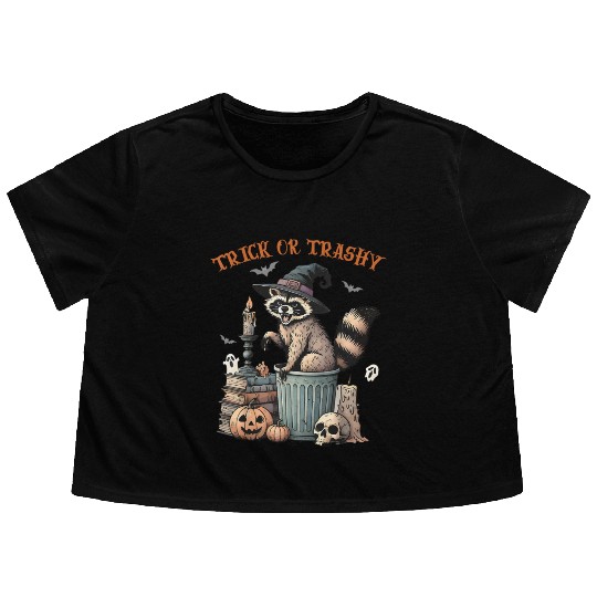 Trick Or Trashy Funny Raccon Halloween Flowy Cropped Tees