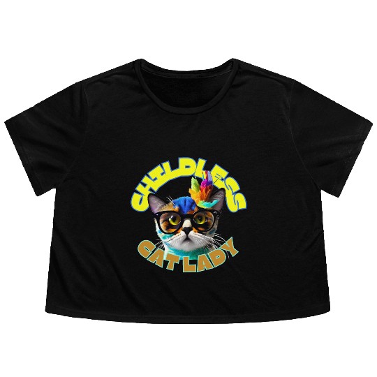 Colorful Cat with Glasses - Childless Cat Lady Flowy Cropped Tees